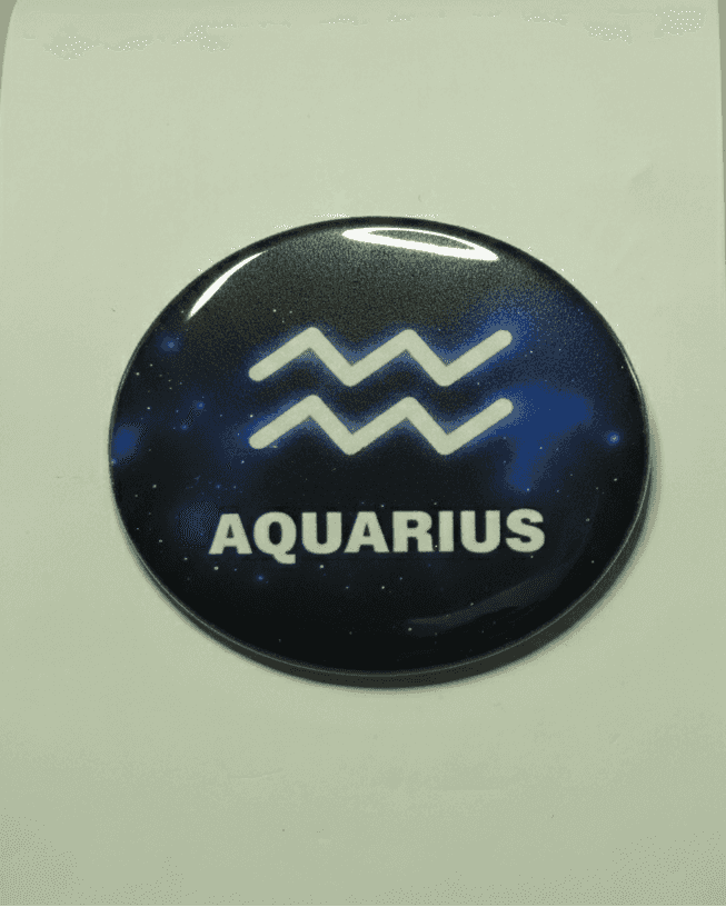 Aquarius zodiac badge with constellation symbol and galaxy background