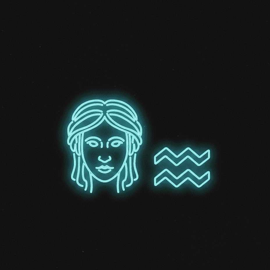 Neon Aquarius zodiac badge with female face and water waves