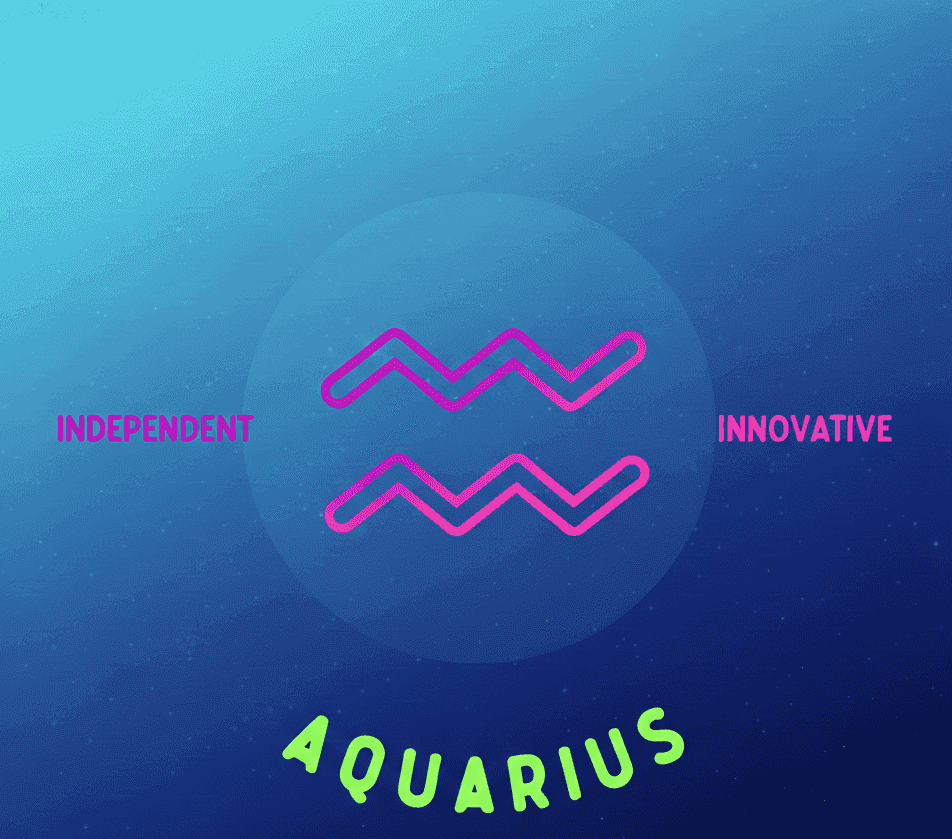 Aquarius Ombre badge with neon pink zodiac symbols on blue gradient background
