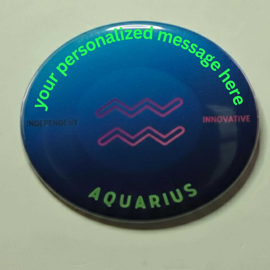 Blue Aquarius zodiac badge with neon pink wave symbols and lime green lettering