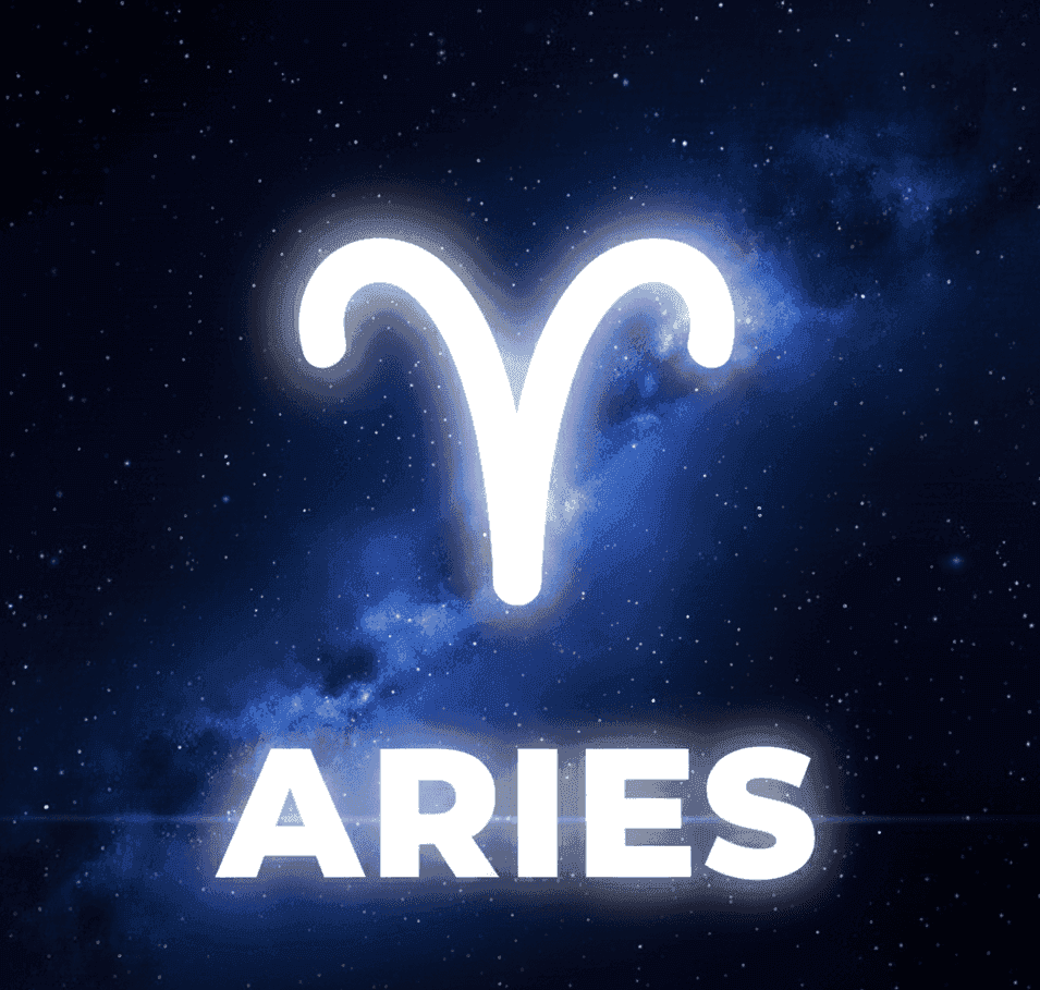 Neon Aries zodiac symbol with starry galaxy background