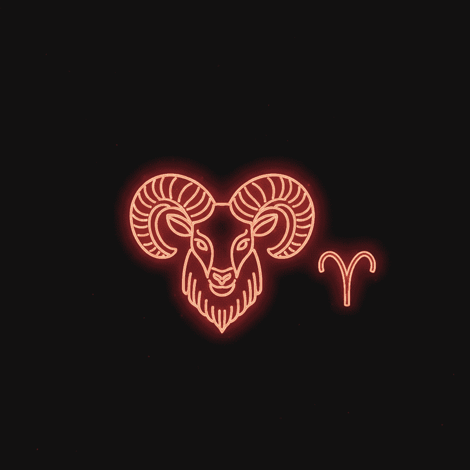 Neon Aries zodiac ram head with horns and tail on black background