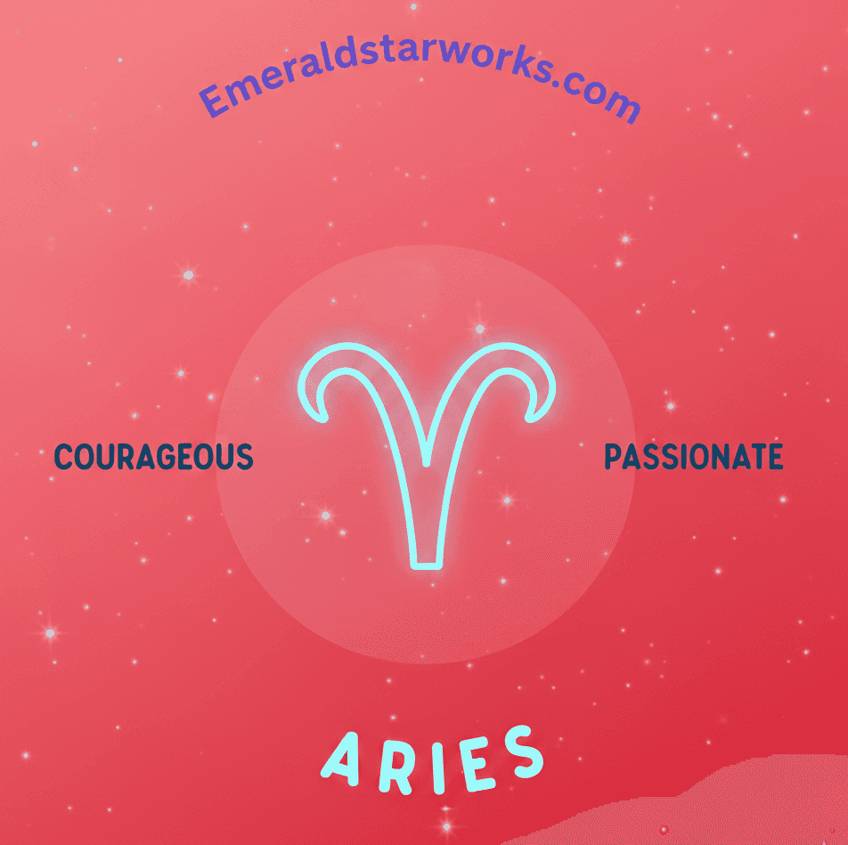 Neon Aries zodiac symbol with words Courageous and Passionate on a starry pink background