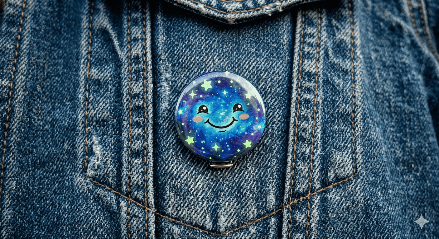 Galaxy-themed smiley face badge on denim jacket