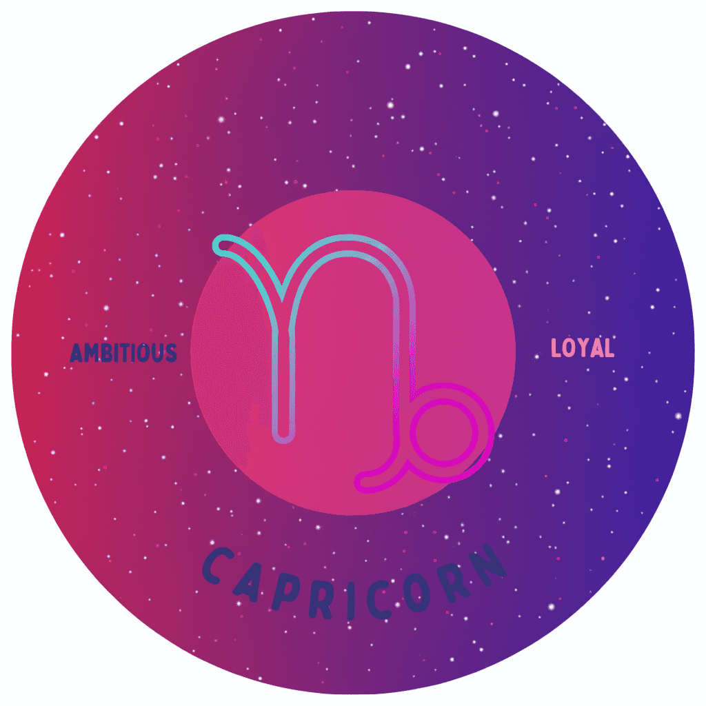 Capricorn zodiac badge with neon outline, galaxy background, ambitiou and loyal labels