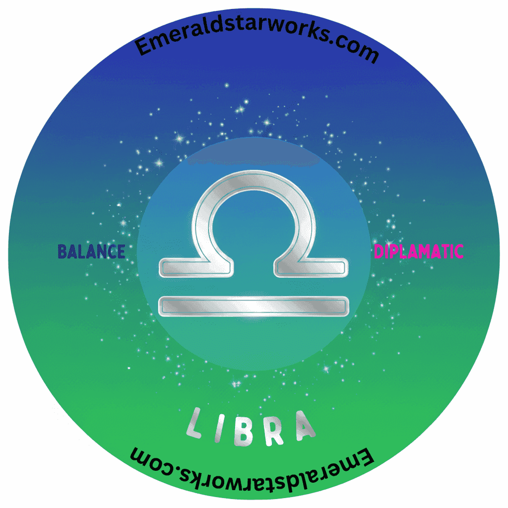 Libra zodiac symbol on a cosmic gradient background with stars, featuring the website and brand name