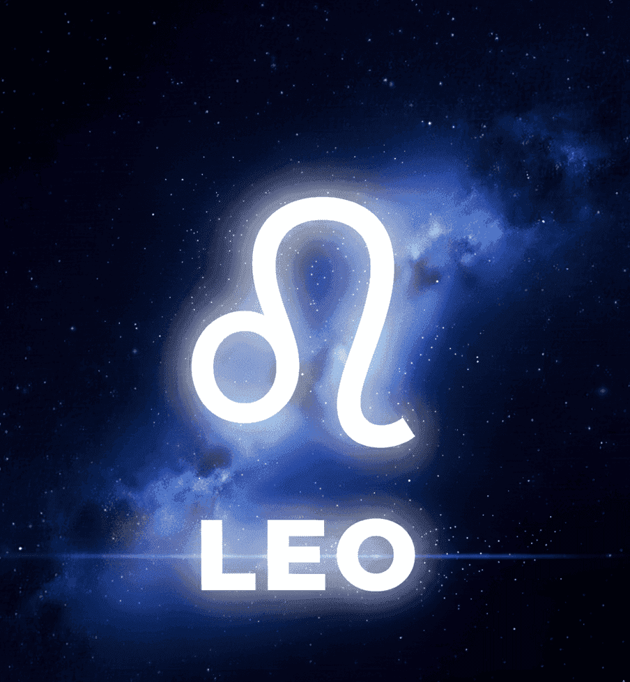 Neon Leo zodiac symbol badge on starry galaxy background