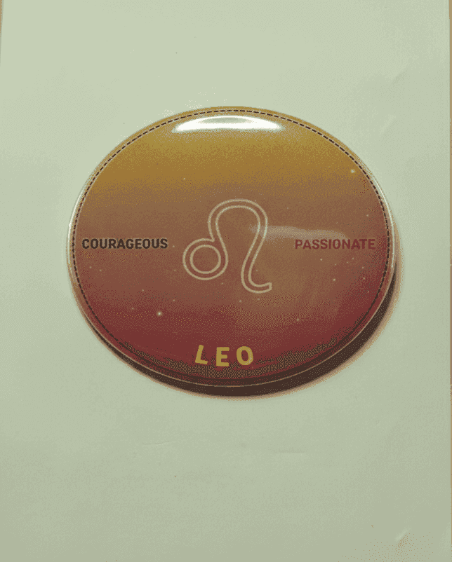 Leo zodiac badge with courageous and passionate text