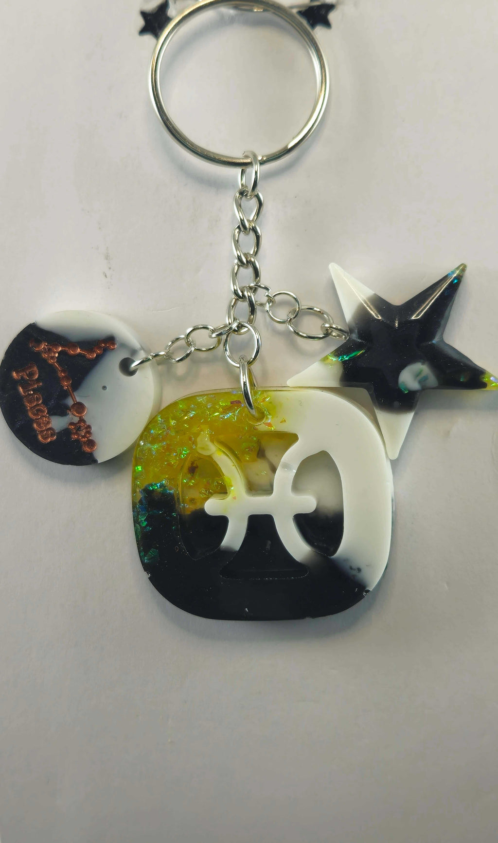 Miner's Galore Pisces Zodiac Charm Keychain with Black, White and Yellow Heart Pendant