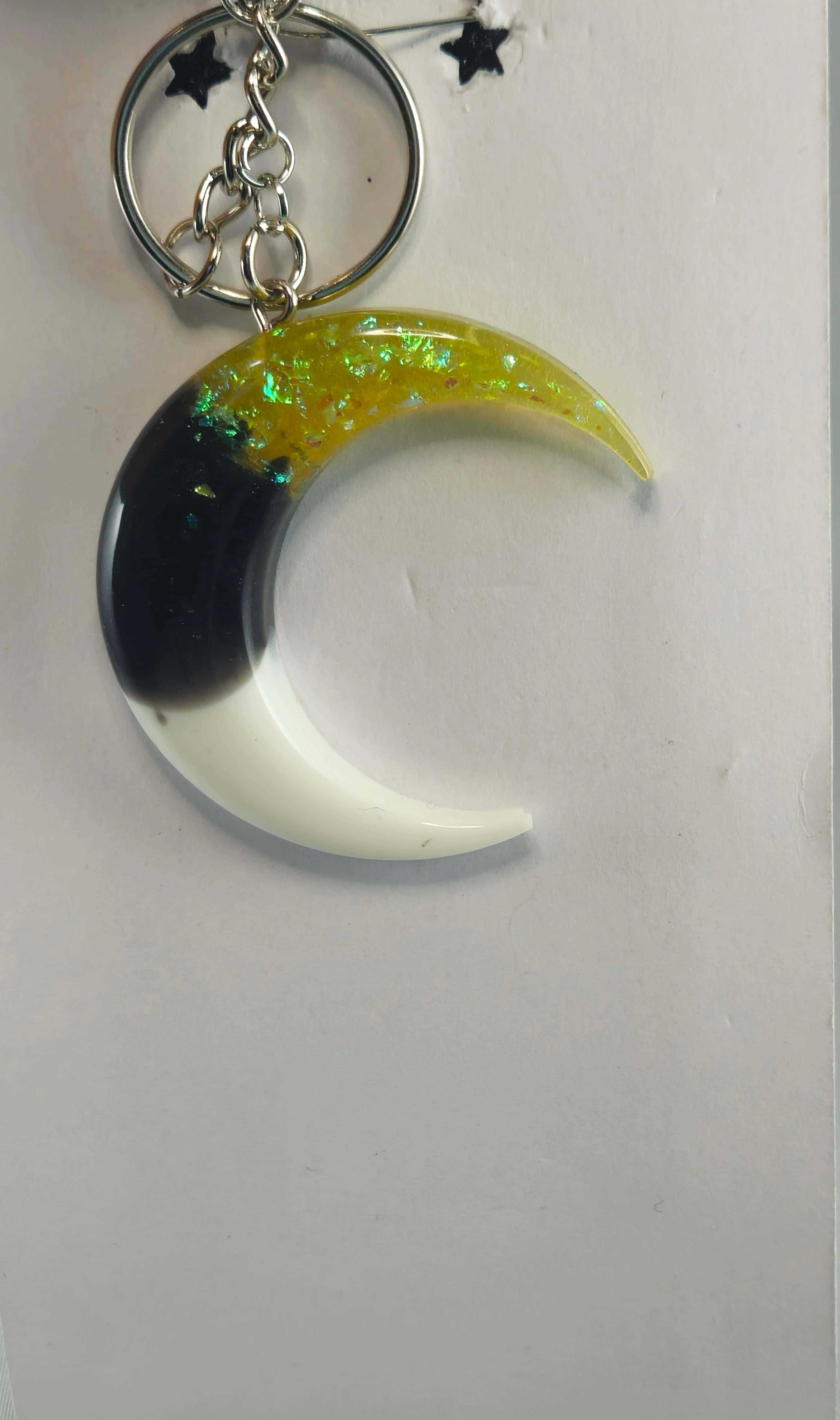 Miner's Galore Virgo zodiac moon keychain with iridescent black, yellow, and white resin, zodiac gift accessory