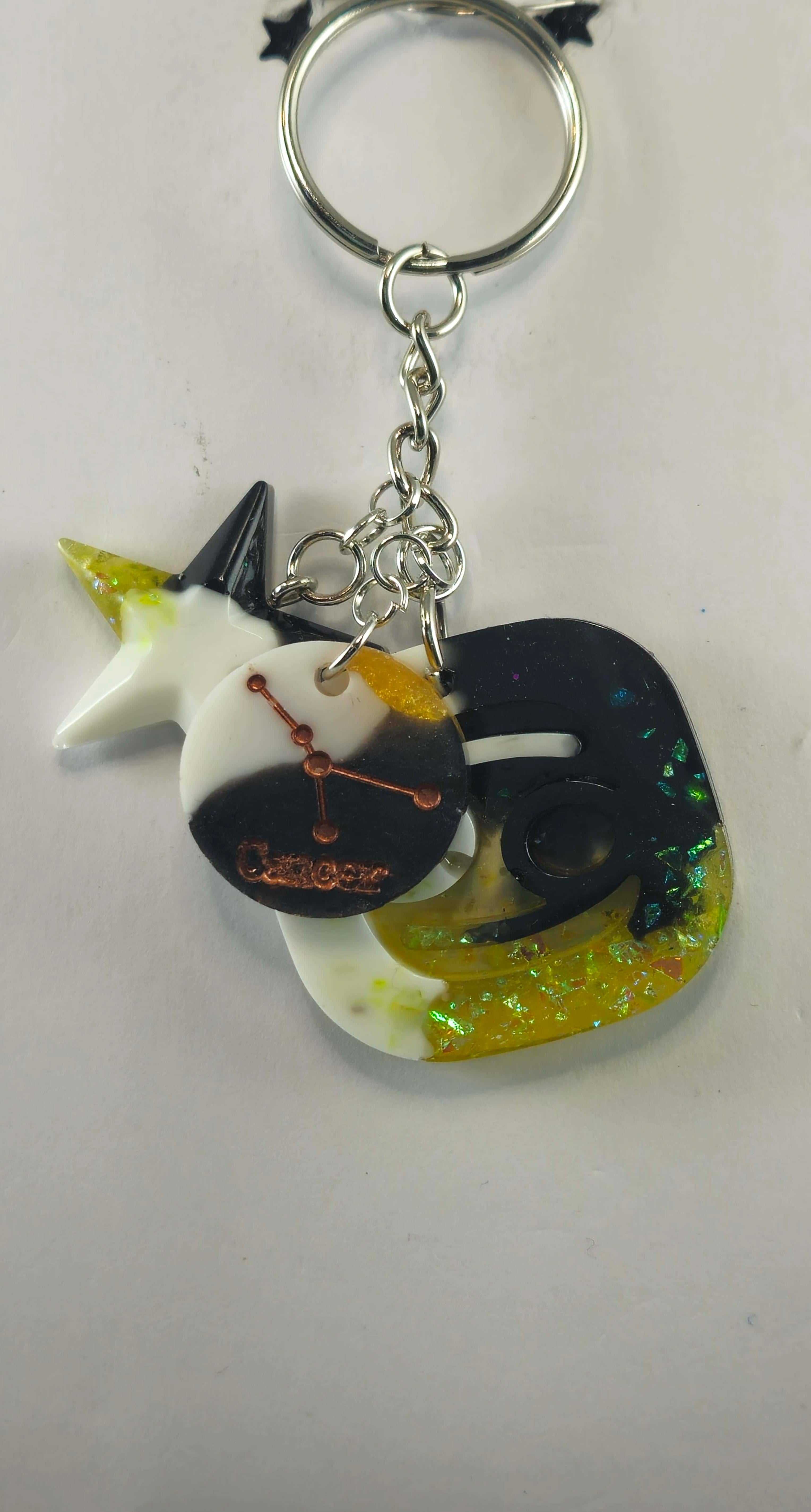 Cancer Zodiac Charm Keychain with Multicolor Heart Pendant