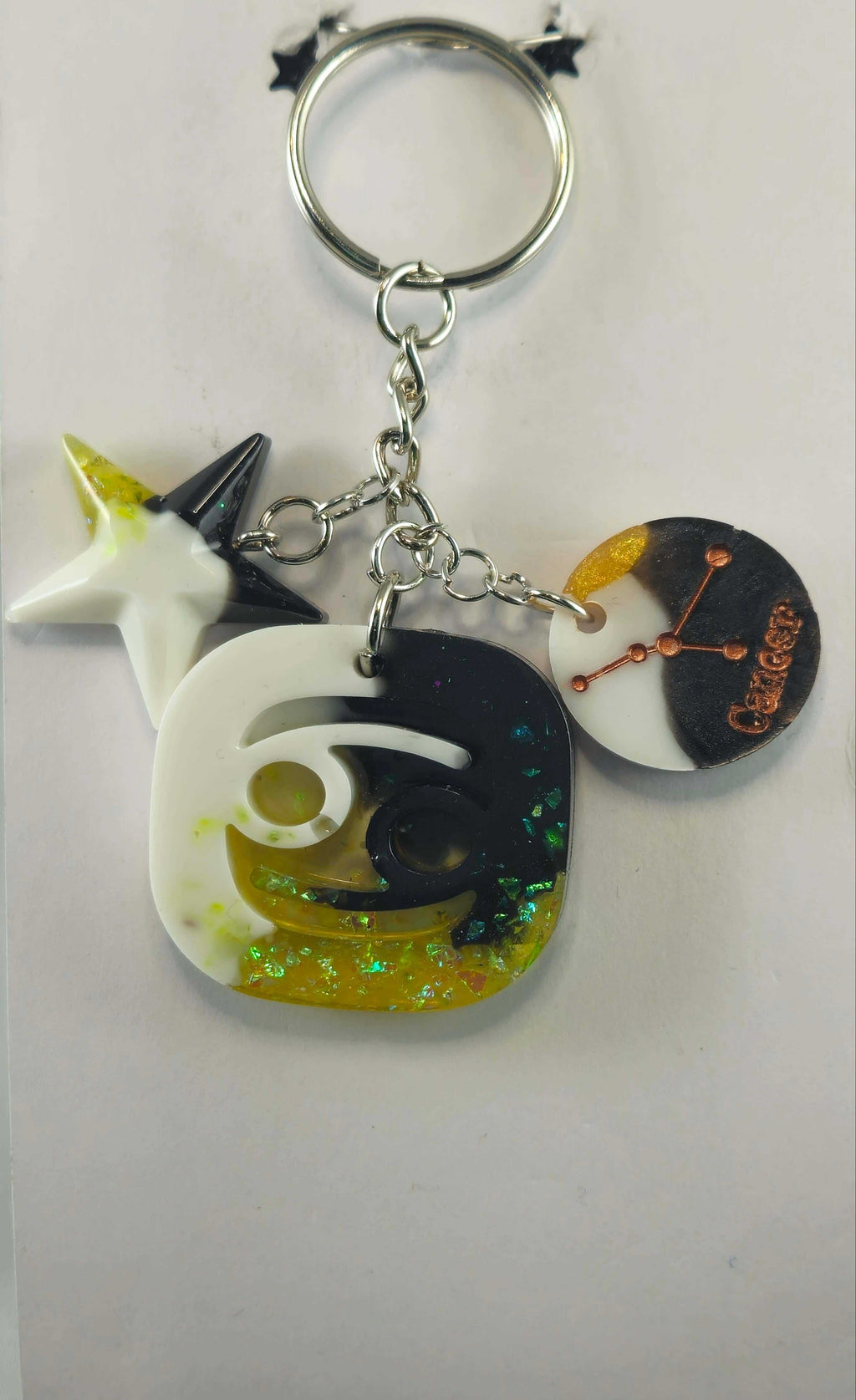 Miner's Galore Cancer Zodiac Charm Keychain with Black, White and Yellow Heart Pendant