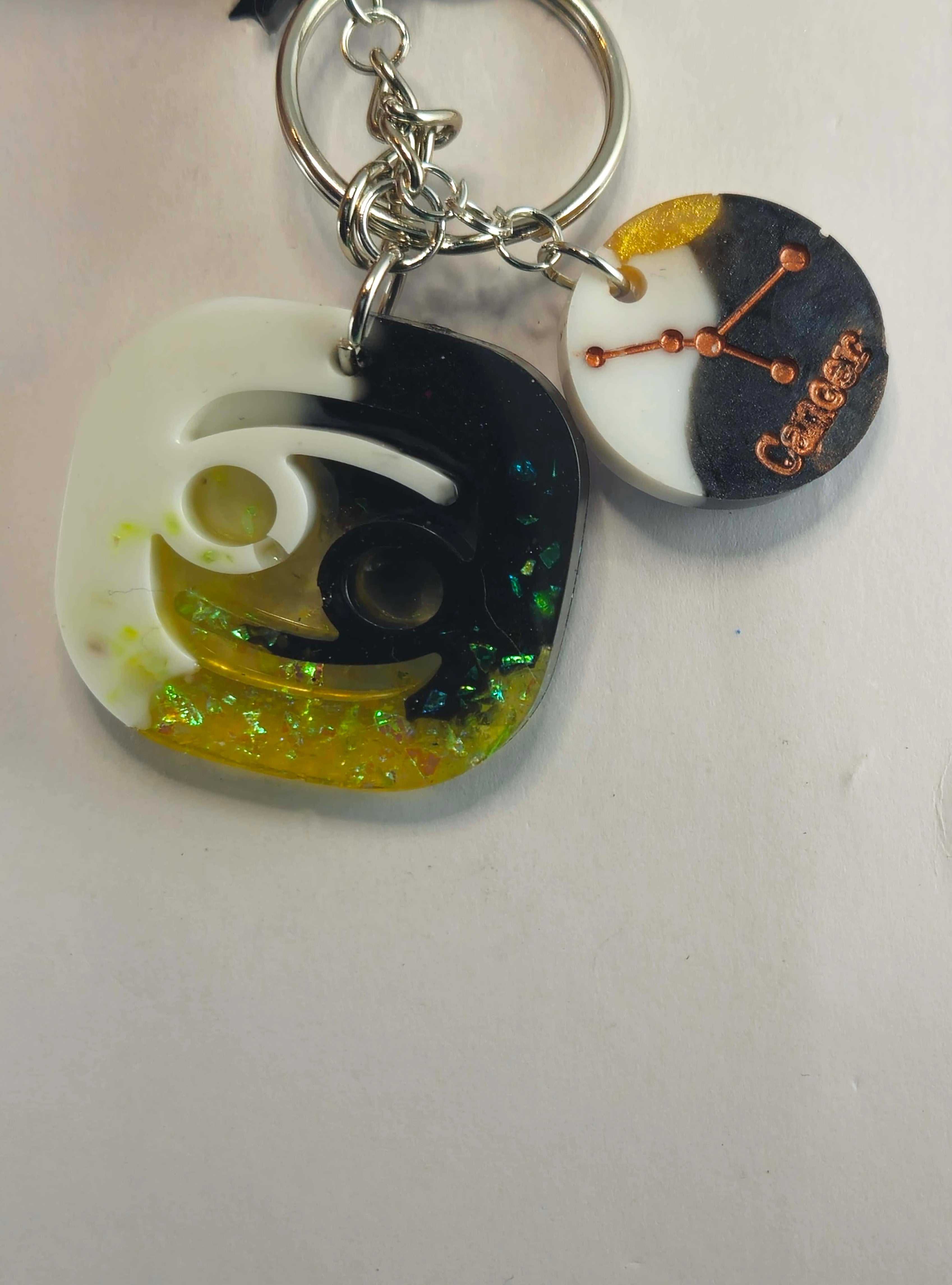 Cancer Zodiac Charm Keychain with Multicolor Heart Pendant