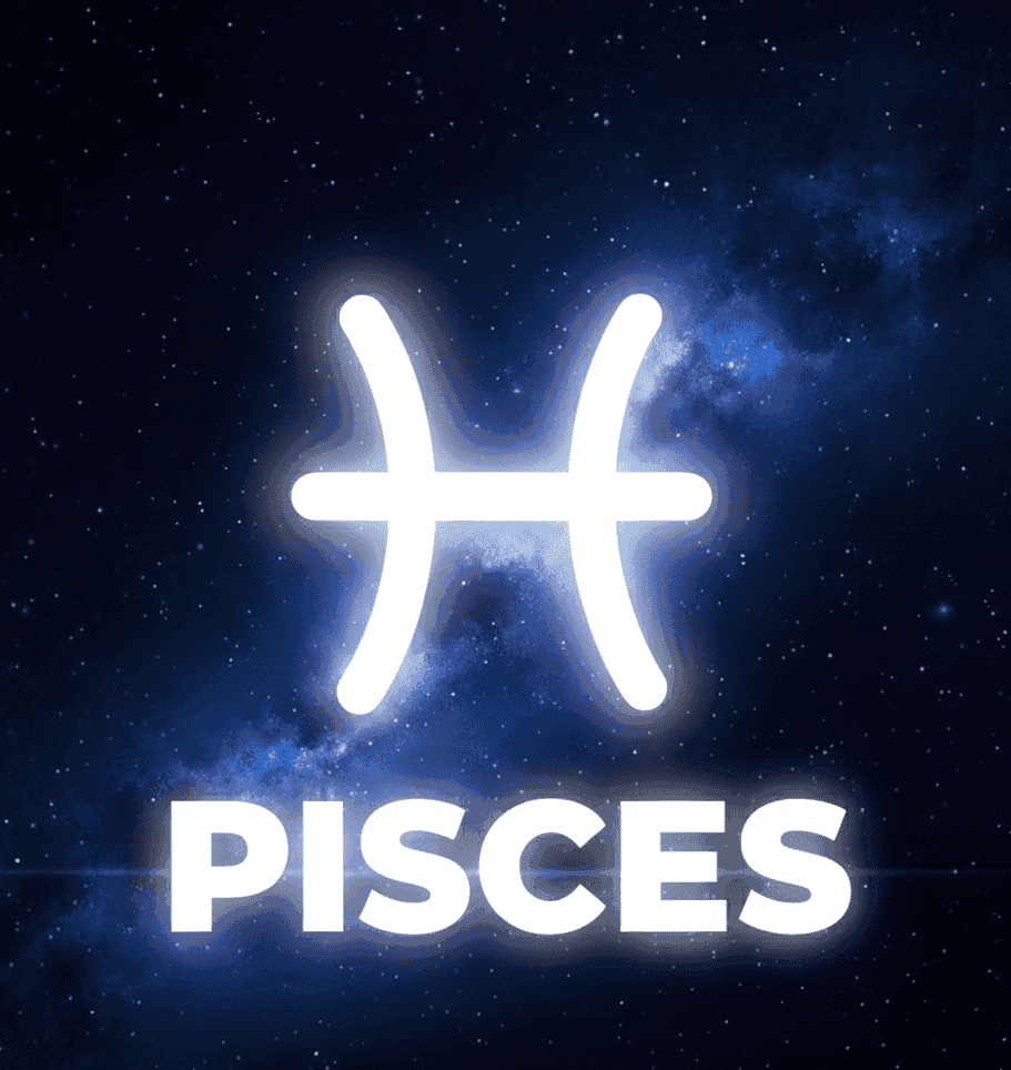 Pisces zodiac badge with glowing white symbol and 'PISCES' text on starry galaxy background