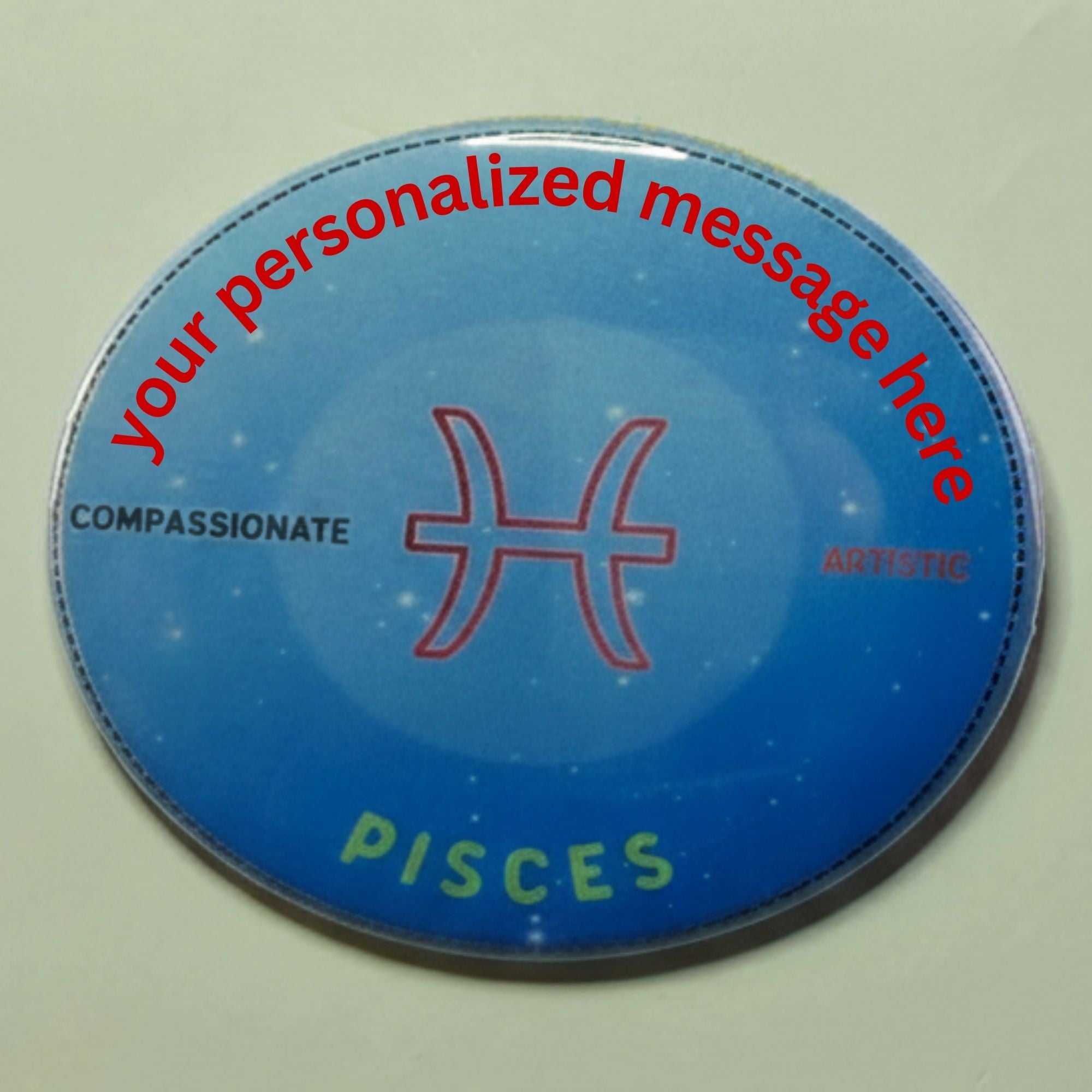 Personalized Pisces zodiac badge with blue background and red text
