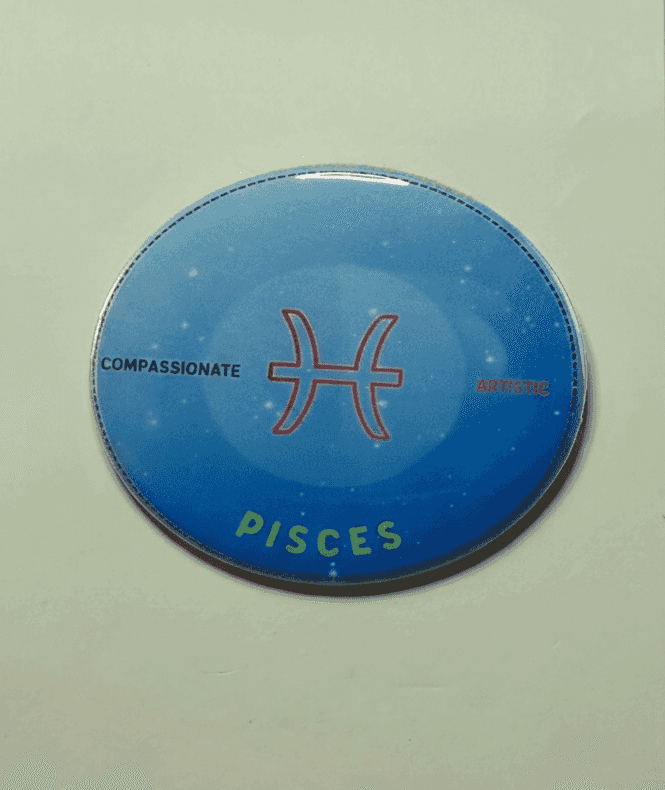Pisces zodiac badge with blue ombre background and starry design