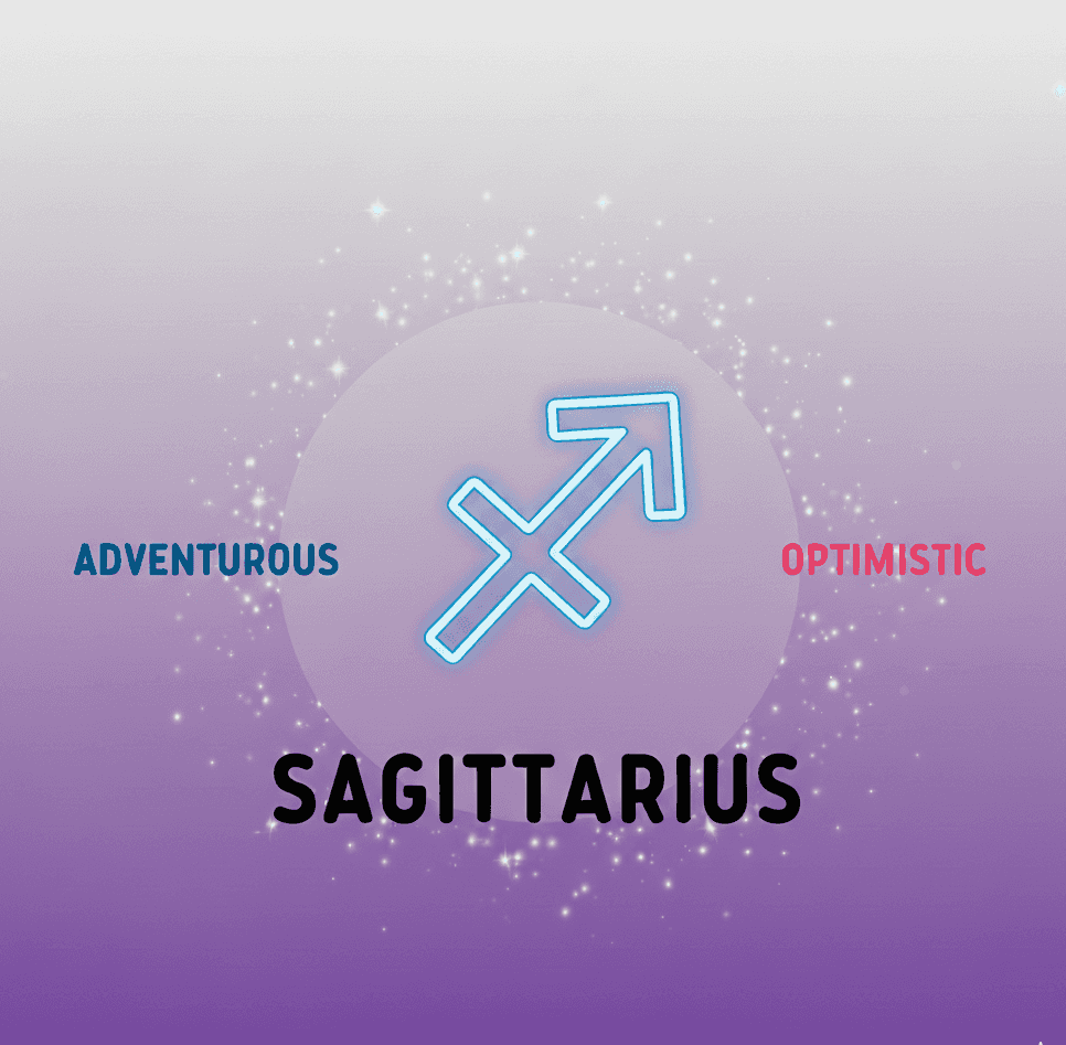 Sagittarius zodiac badge with neon arrow symbol, purple ombre background, adventurous and optimistic traits highlighted