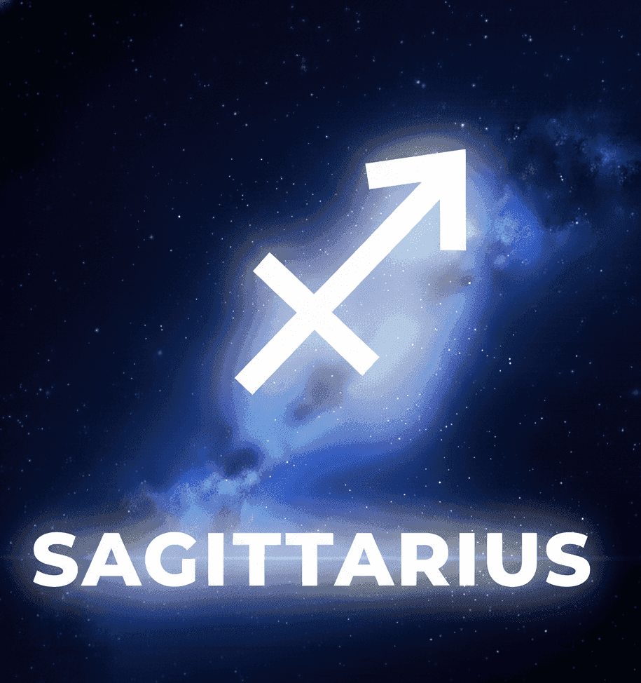 Sagittarius zodiac symbol badge on starry galaxy background