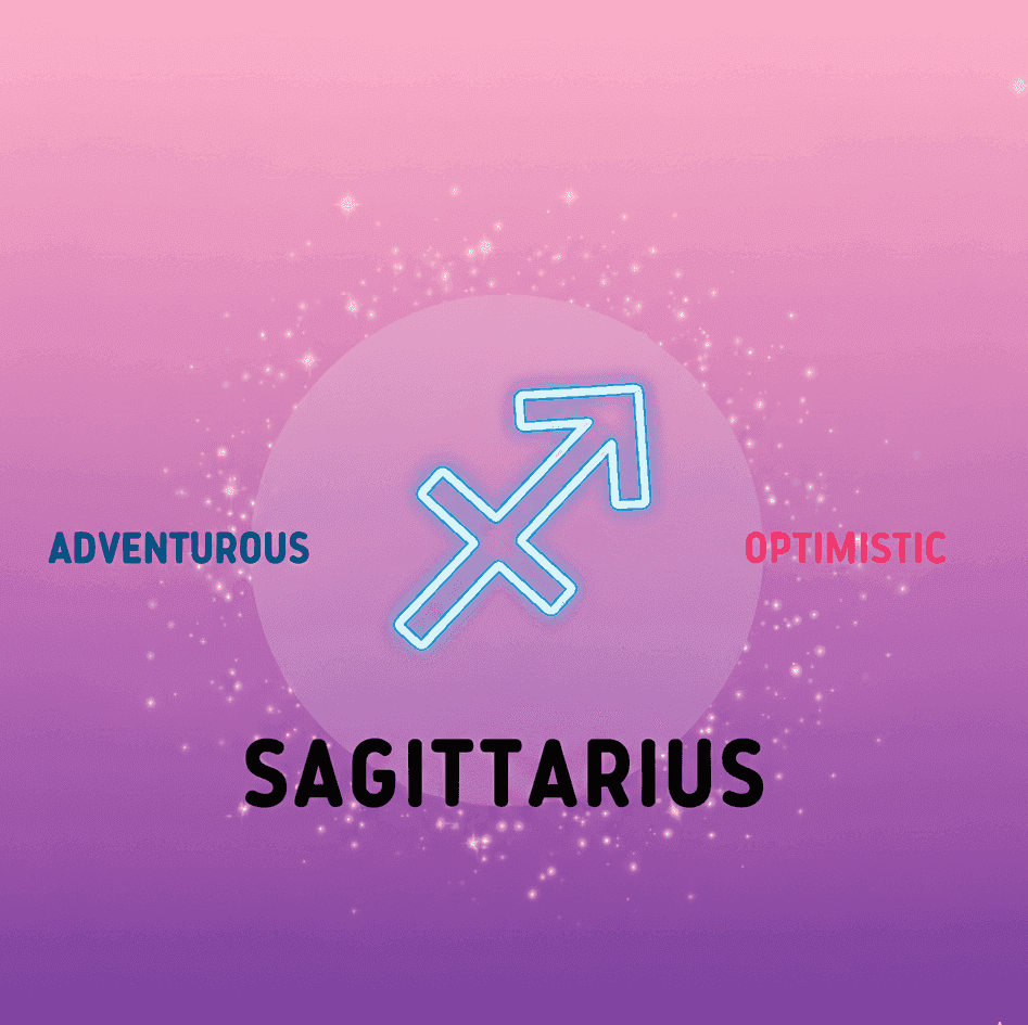 Sagittarius zodiac symbol with pink purple ombre background and sparkles