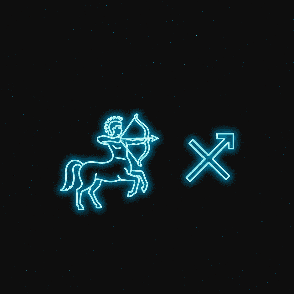 Neon Sagittarius zodiac badge with archer and arrow design