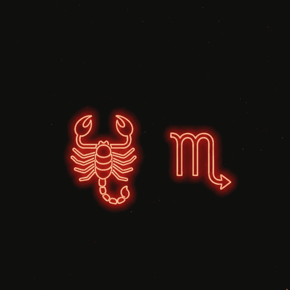 Neon Scorpio zodiac badge with scorpion symbol and Scorpio constellation