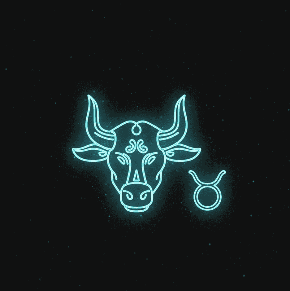 Neon Taurus zodiac bull head with constellation symbol