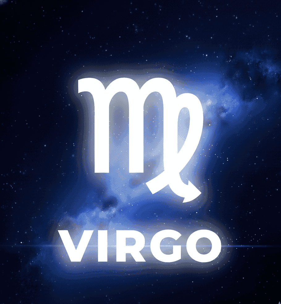 Virgo zodiac symbol with galaxy background, glowing white on dark starry sky