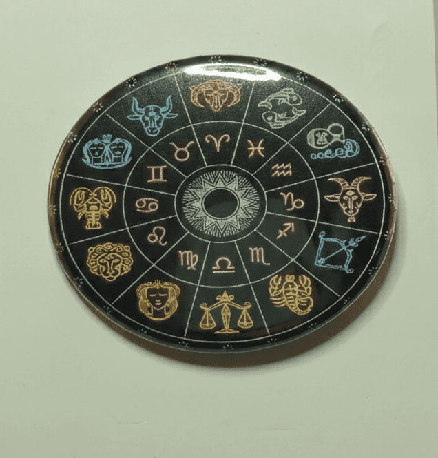 Zodiac Neon button badge with colorful astrological symbols and signs