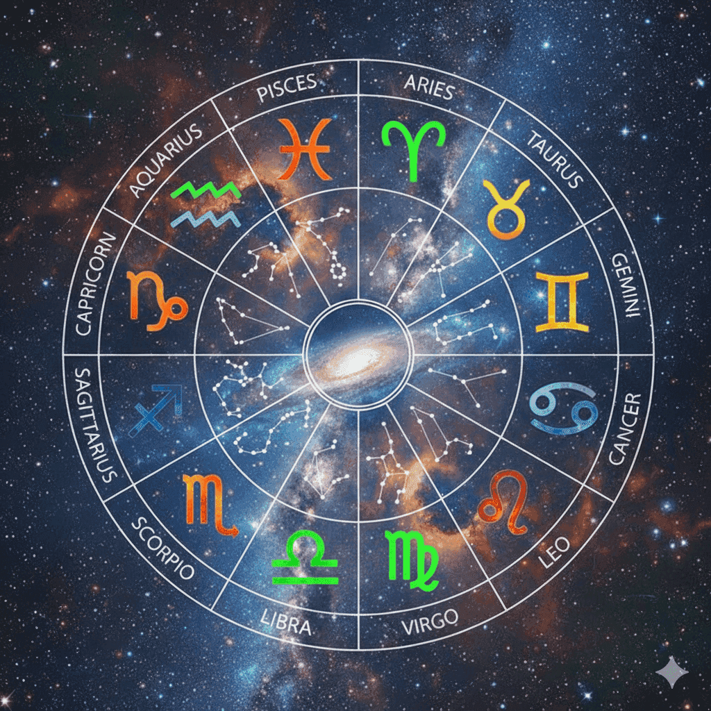 Zodiac Galaxy celestial star chart with zodiac symbols on cosmic background