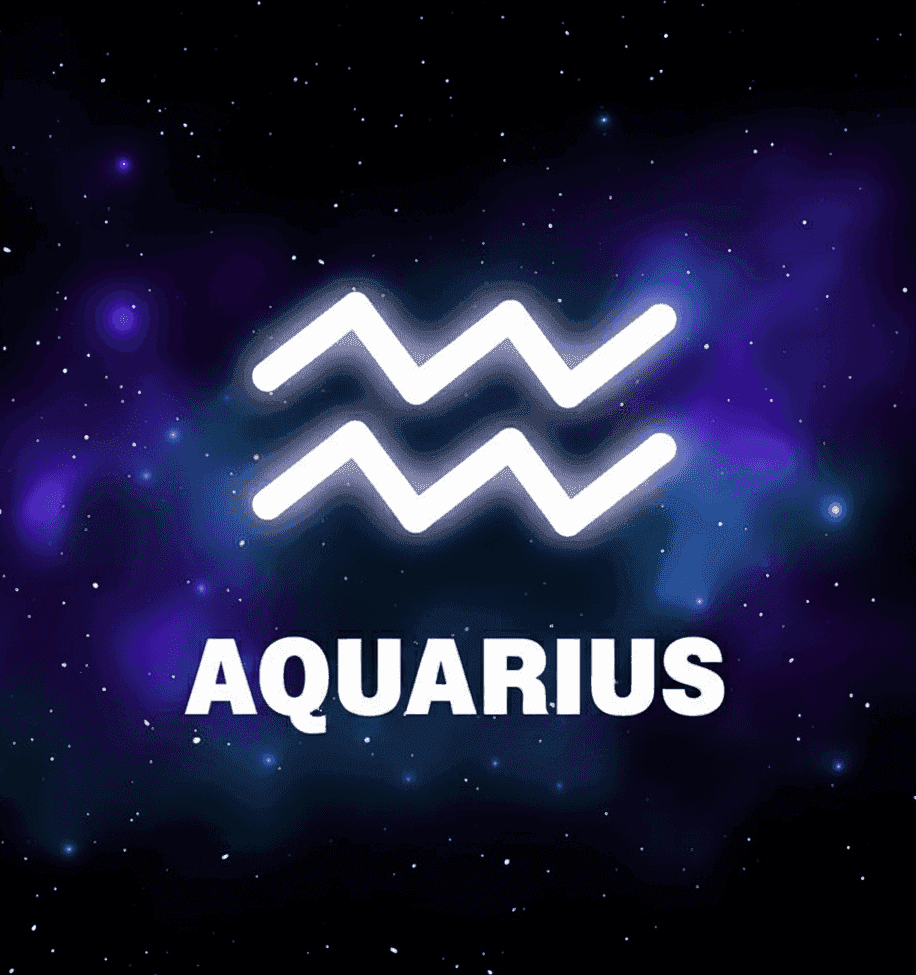 Neon Aquarius zodiac badge on starry galaxy background