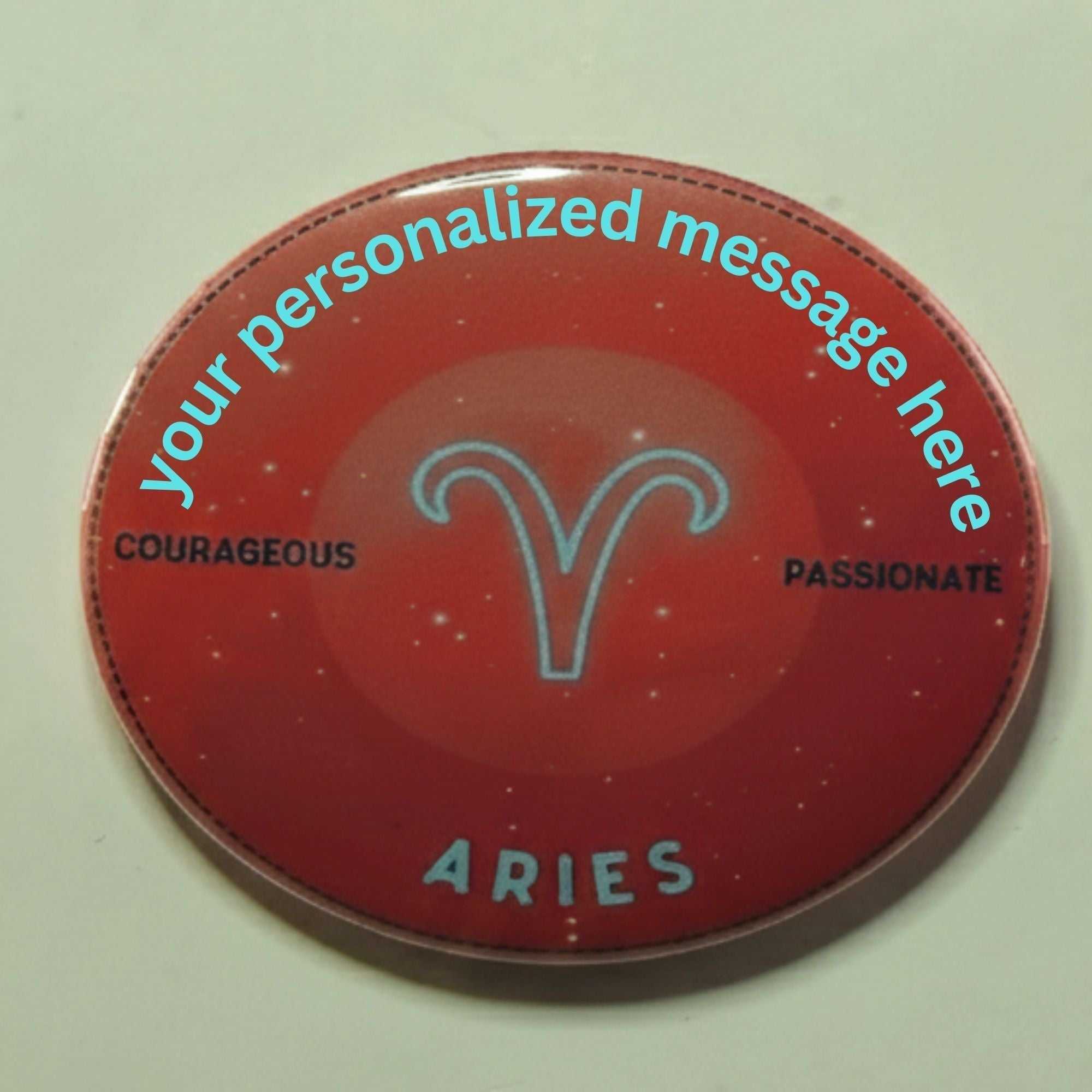 Aries zodiac badge with ombré red and blue design, personalized astrology accessory