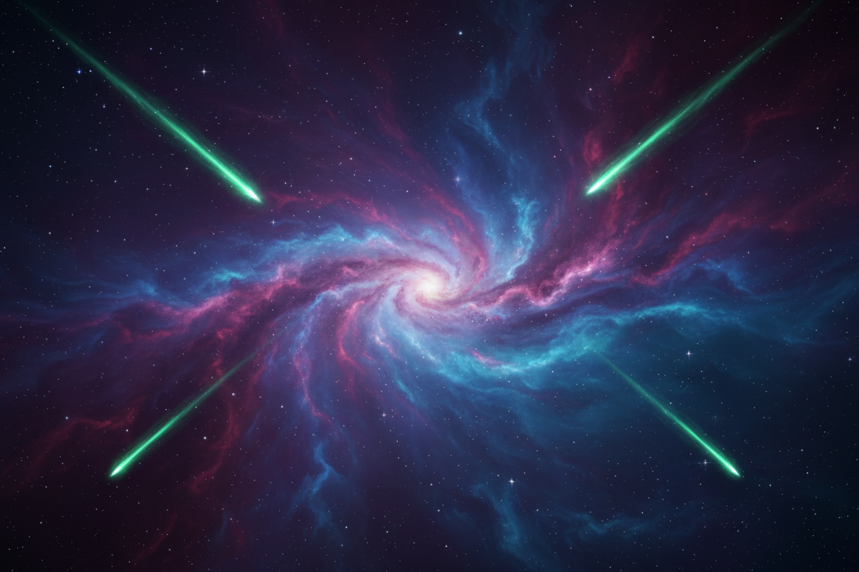 create a galaxy with 3 different color hues with 6 green shootings stars ascending in the sky