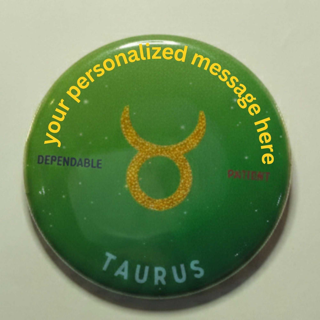 Green Taurus zodiac badge with gold crescent moon and white text