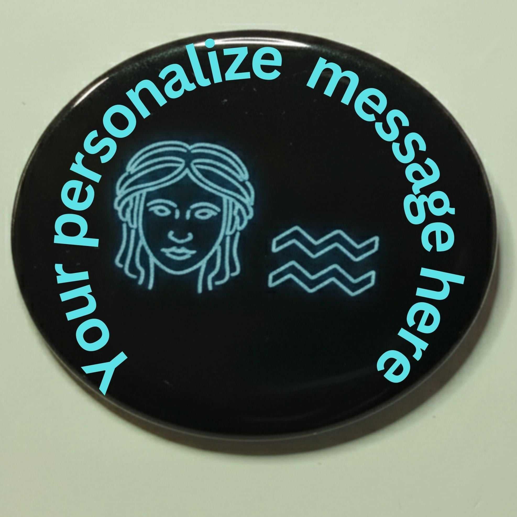 Neon Aquarius badge magnet with zodiac symbol on black background