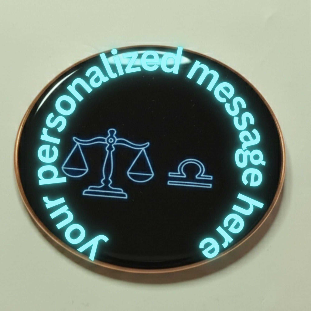 Neon Libra zodiac badge with luminous scales symbol