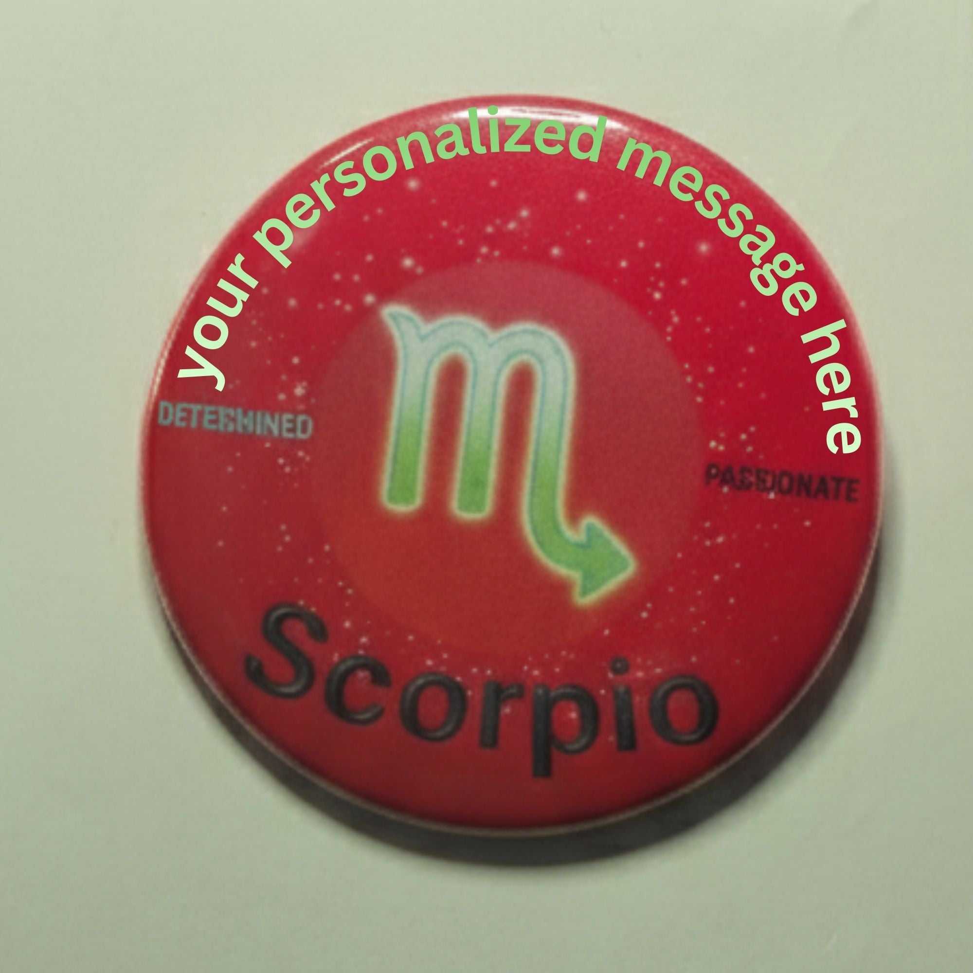 Red Scorpio zodiac badge with green text and starry design