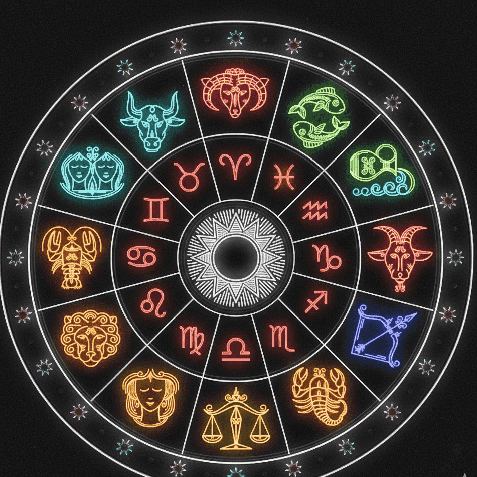 Neon zodiac chart with colorful symbols and signs for astrology accessories